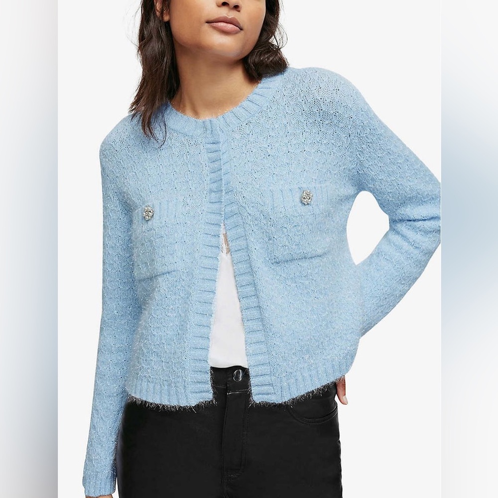 Maje Light Blue Sparkle Knit Cardigan Pearl Details Size 1/S